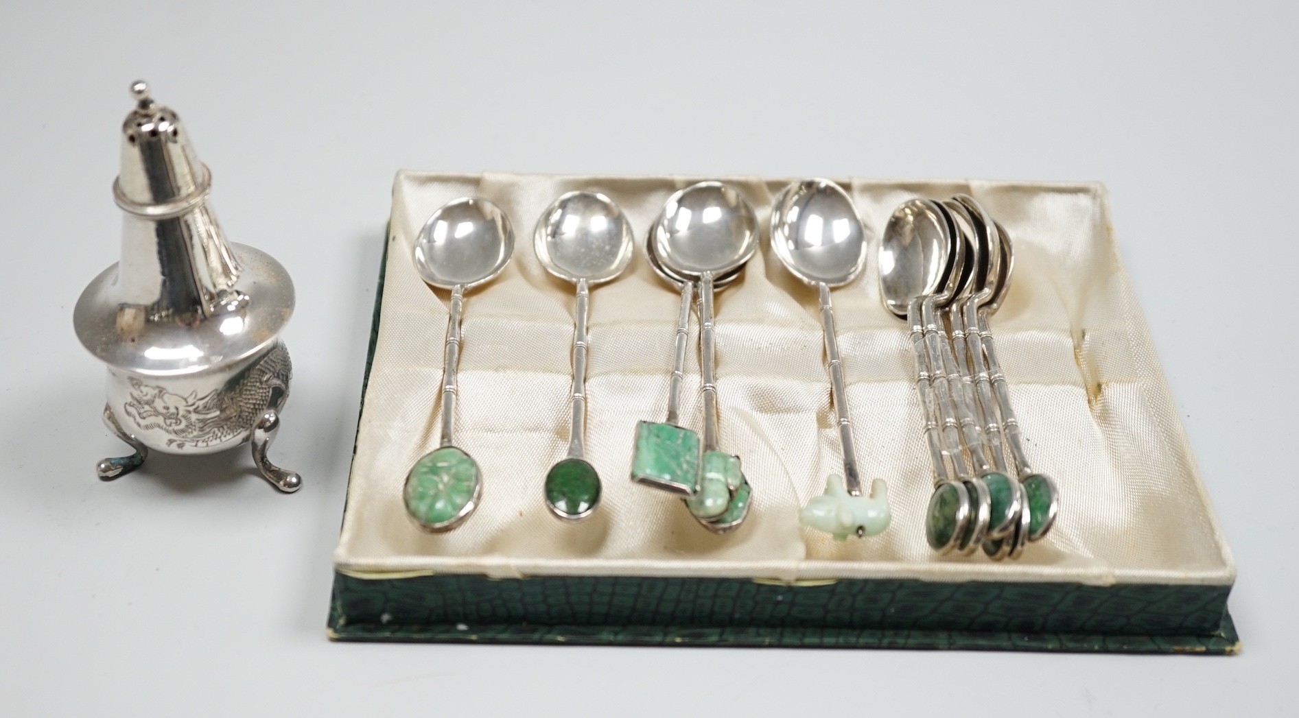 A late 19th/early 20th century Chinese Export sterling condiment by Tack Hing, Hong Kong and two sets of six Chinese white metal and jade? set coffee spoons, by Wai Kee, 83mm